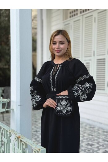 369 etnik butik Embroidery Detailed Long Sleeve Midi Dress