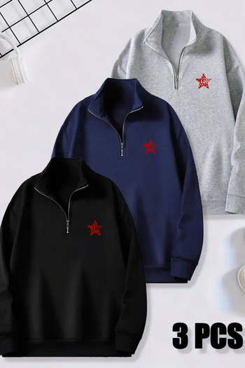 CLAYES 3-Piece Zippered Dikyaka Sweatshirt Set -Star Printed- Black, Navy Blue, Gray