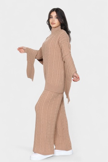 NEWCO Loose Cut Scarf Detail Pants and Long Sleeve Knitwear Set with Stylish and Comfortable Design