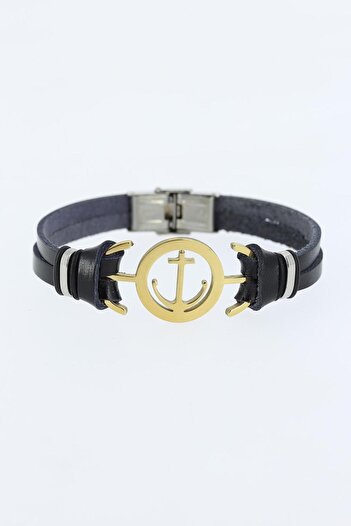 Skygo Gold Color Sea Anchor Figured Black Color Leather Men's Bracelet with Metal Accessories - Tj-Eb1339