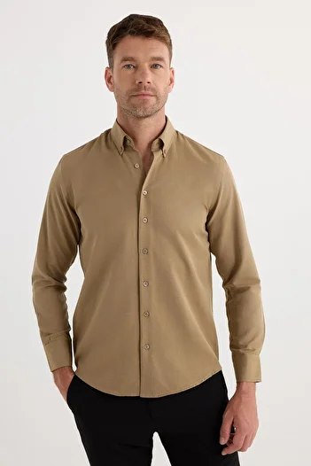 Tudors Regular Fit Button Collar Cotton Easy Iron Oxford Plain Men's Mink Shirt
