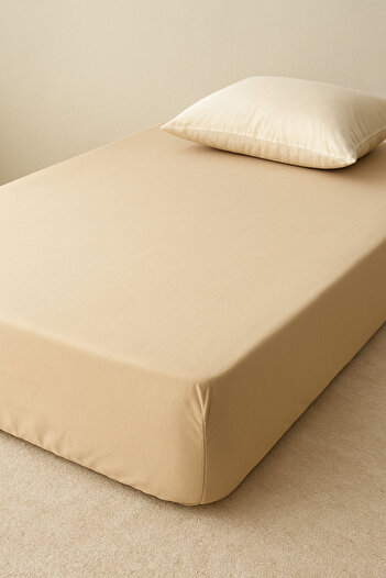 CollessiaHome 100% Cotton Poplin Single Fitted Elastic Sheet Without Pillow - Soft Cream