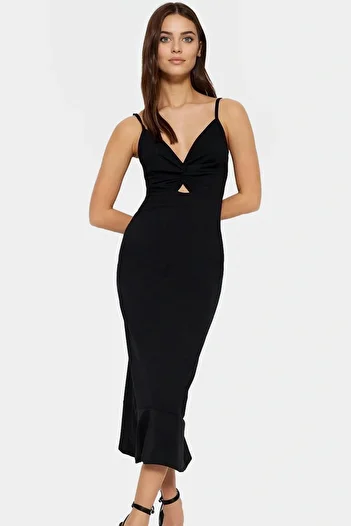 PayBuy Women's Midi Length Knitted Crepe Dress V Neck Cut Out Detail Ruffled Hem Special for Summer Months Weekend