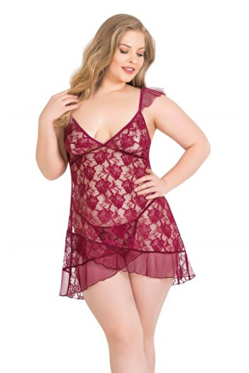 Bleu Petite Plus Size Flower Pattern Women's Tulle Nightgown Panty Set
