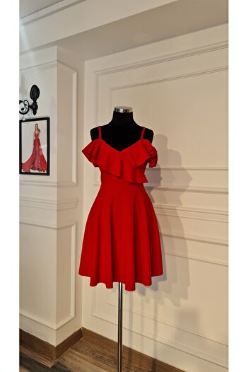 makbuleofficial Red Color, Flounce Collar, Knee Length Graduation Dress