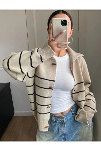 miyoshi Trucker Collar Black Striped Women's Cardigan
