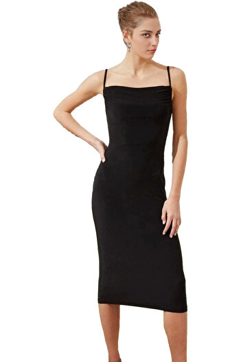 PayBuy Women's Midi Length Bodycon Dress with Thin Straps Degaje Collar Comfortable Stylish Daily Summer Essential