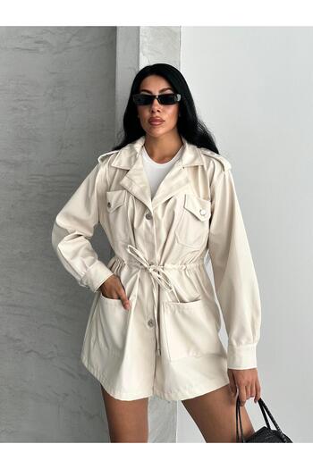 FERZOLAİO Adjustable Drawstring Safari Stone Trench Coat