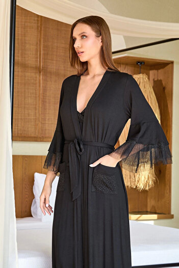 Vintora Aqua 25589 Women's Long Chiffon Detail Dressing Gown