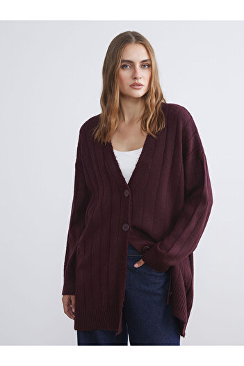 LC Waikiki Burgundy V-Neck Women's Knitwear Cardigan