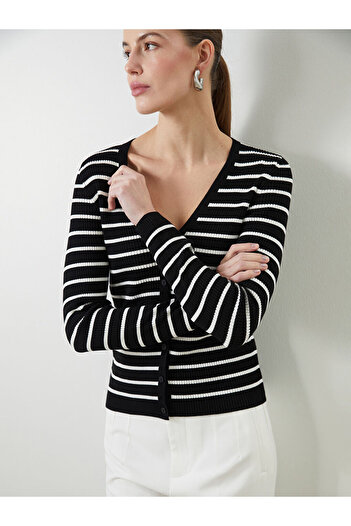 LC Waikiki Black V-Neck Striped Women's Knitwear Cardigan