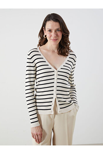 LC Waikiki Ecru V-Neck Striped Women's Knit Cardigan