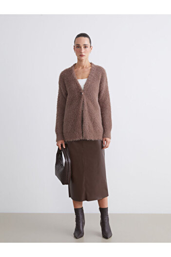 LC Waikiki Brown V-Neck Women's Knitwear Cardigan