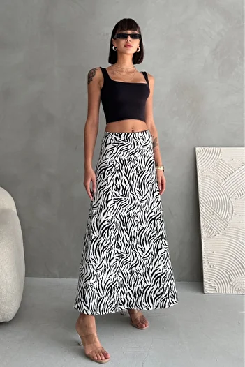 New Now Patterned Long Porked Flare Skirt