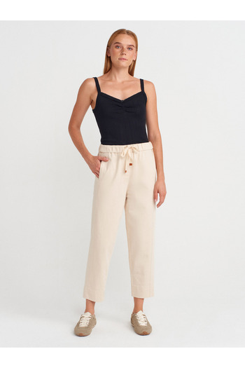 Dilvin 72127 Elastic Waist Cotton Trousers-Ecru