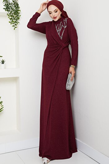 modapodyum Eylül Hijab Evening Dress Burgundy