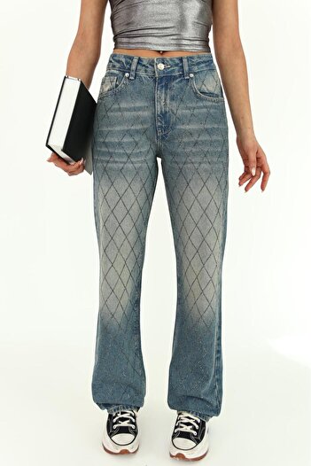 XBELLA DENİM Women's Stone Straight Jean Baklava Patterned Tube Leg Jeans