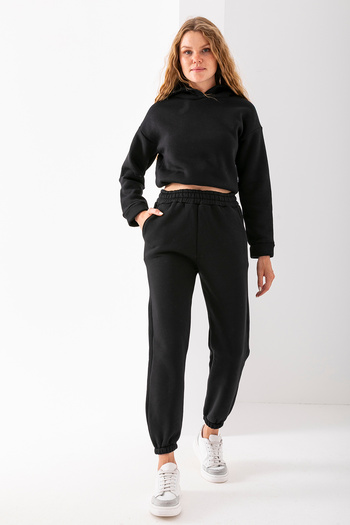 GİYSA Women's Hooded Stoppered 3-Strand Hooded Tracksuit Set Black - 2605