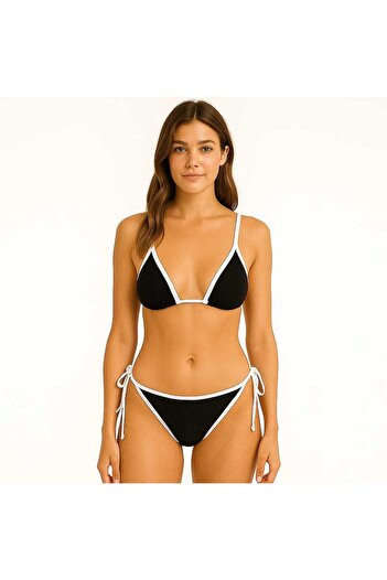 VULEVU Jade Onyx Kontrast Biyeli Siyah Beyaz Üçgen Bikini Üstü
