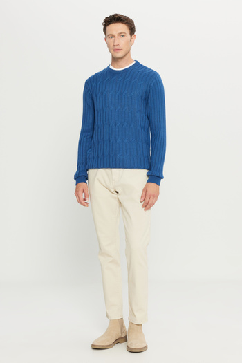 AC&Co / Altınyıldız Classics Pulover pentru bărbați, albastru, din lână, cu croială obișnuită, cu decolteu, jacquard