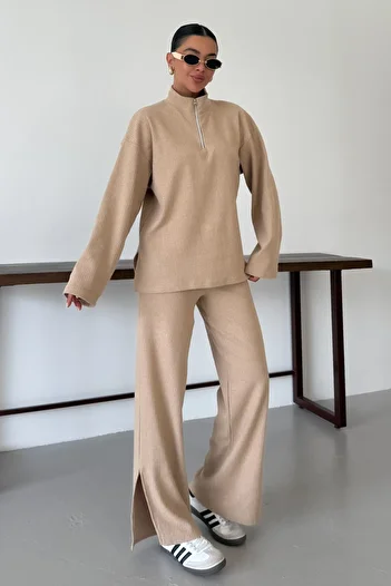 MODAGEN Set de pantaloni de sus și de jos pentru femei, bej, cu jumătate de fermoar