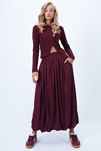 Trend Alaçatı Stili Women's Burgundy Double Pocket Lined Maxi Size Bubble Skirt Alc-X14348
