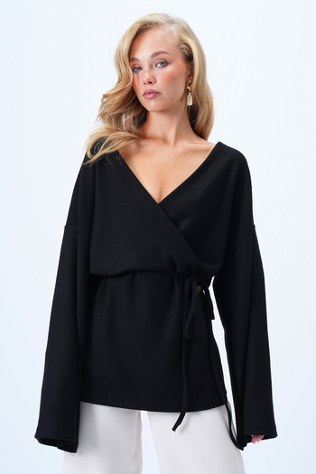 Trend Alaçatı Stili Schwarze zweireihige Damen-Strickjacke mit V-Ausschnitt und Schnürdetail Alc-X14410