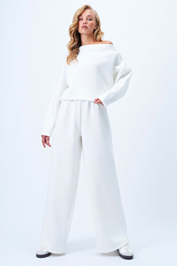 Trend Alaçatı Stili Weißes Damen-Blusen- und Hosen-Set mit weitem Kragen und entspanntem Schnitt Alc-X14413