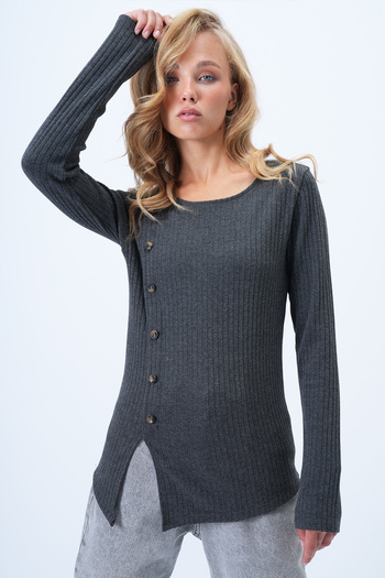 Trend Alaçatı Stili Women's Anthracite Crew Neck Button Detailed Long Sleeve Soft Textured Blouse Alc-X14335