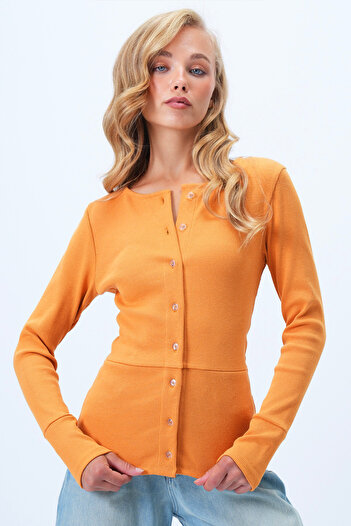 Trend Alaçatı Stili Senffarbene Damen-Bluse mit weiten Manschetten, Nähten und Knöpfen vorne, Alc-X14400