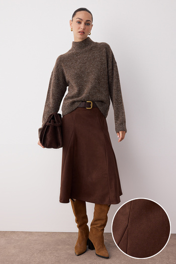 Trendyol Collection Καφέ φούστα μίντι από σουέτ σε σχήμα Α/καμπάνας TWOAW26ET00028