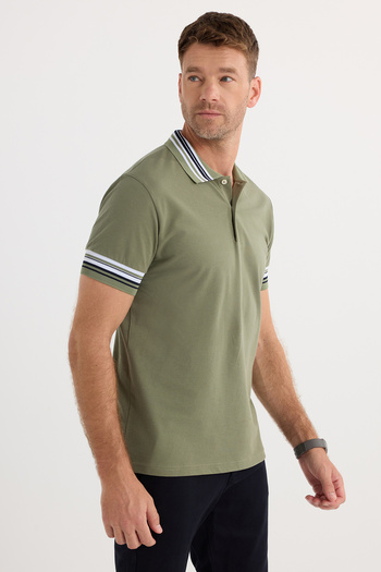 Tudors Men's Slim Fit Slim Fit 100% Cotton Plain Pique Collar and Sleeve Detail Khaki Polo Neck T-Shirt