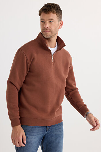 Tudors Unisex Relax Fit Relaxed Cotton Fleece Εσωτερικό Καφέ Φούτερ με γιακά με μισό φερμουάρ
