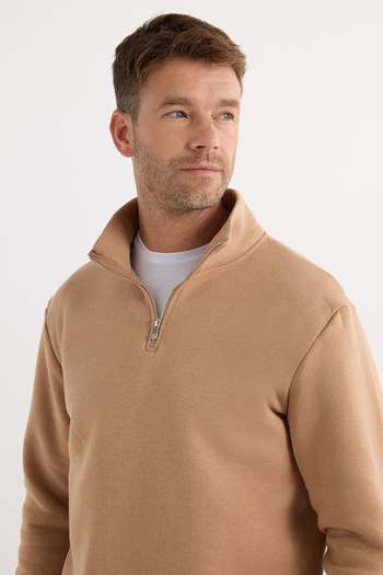 Tudors Unisex Relax Fit Rahat Kesim Pamuklu Içi Polarlı Yarım Fermuarlı Vizon Dik Yaka Sweatshirt
