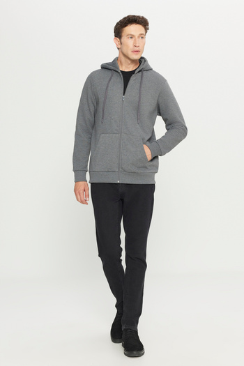 AC&Co / Altınyıldız Classics Men's Anthracite-Melange Hooded Zippered Sweatshirt Jacket - Standard Cut