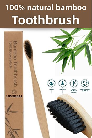 Lovendas Natural Pure Bamboo Toothbrush Whitening Teeth Dupont Bristle Tip and Curved Structure 1 Piece