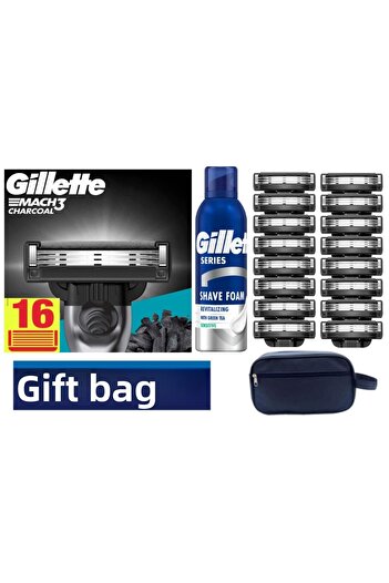 Gillette Mach3 Charcoal 16Pcs Replacement Razor Blade + Gillette 200 ml Foam + Bag
