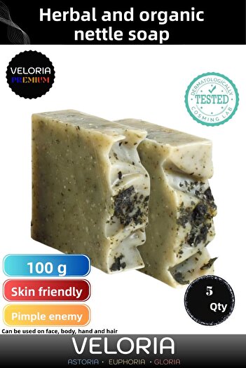 Veloria Premium Series 100% Natural Organic Facial Hair Body Skin Balancing Beautifully Scented Nettle Soap 5 Pieces