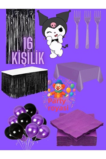 partyrüyası Kuromi Themed Birthday Set for 16 People Party Supplies Set Mod-2