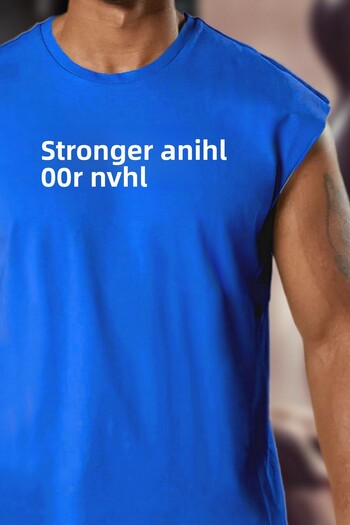 BESSA Men's Stronger Printed Blue Oversize Crew Neck Cotton Sleeveless T-Shirt/Athlete