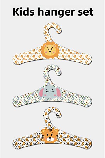 kutuTR Wooden Children's Hanger Lion-Elephant-Tiger Patterned 9 Pieces Hangers