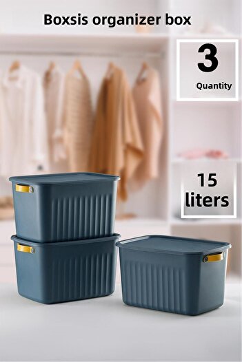 Bayev Boxs 3 Pieces Blue 15 Lt Organizer Box with Lid Storage Decorative In-Cabinet Organizer