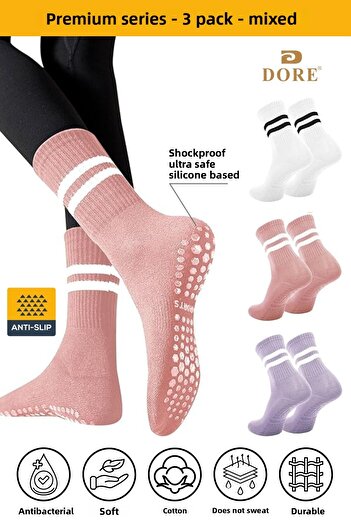 Dore Unisex Pilates & Yoga Socks White, Pink, Lilac - 3 Pairs Non-Slip