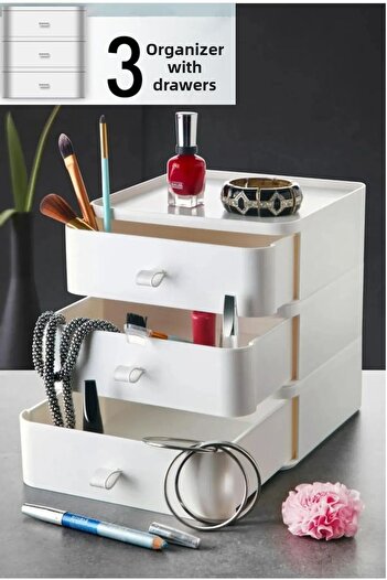 Bayev Συρτάρι 3 επιπέδων Desktop Organizer Μακιγιάζ Αξεσουάρ κοσμημάτων Organizer Κουτί αποθήκευσης Λευκό