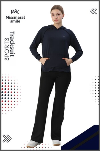 missmaral Women's Navy Blue Sports Tracksuit Set - Spanish Leg, Double Pockets, Hood, Kangaroo Pocket 3053