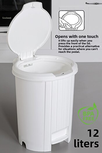 Meleni Home Bas Open Lid Trash Can - Click Lid Pedal Trash Can Bathroom Kitchen Trash Can 12 Liters White