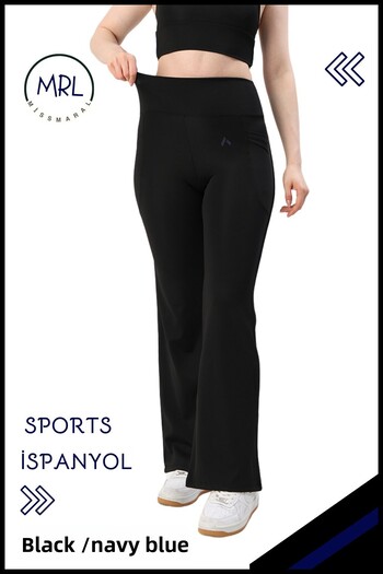 missmaral Women's Leggings Pants Lycra High Waist Gathering Fabric Black/Navy Blue Stripe Detailed with Pockets 1042