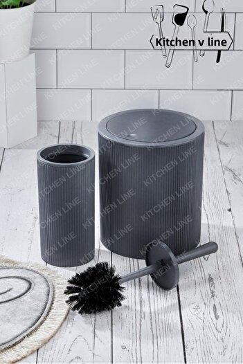 Kitchen Line Round Trash Can and Toilet Brush Set - Dark Gray Bathroom Set