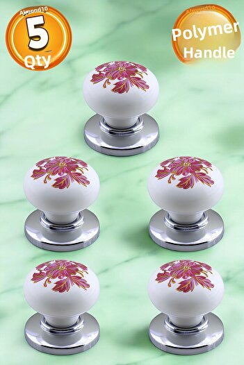 Badem10 Polymer Button Pink Flower Patterned Chrome Furniture Kitchen Drawer Cabinet Cabinet Handle Handle 5 Pieces