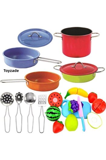 Vardem Toy Metal Pot and Pan Set + Cuttable Fruit and Vegetables Girl's Toy